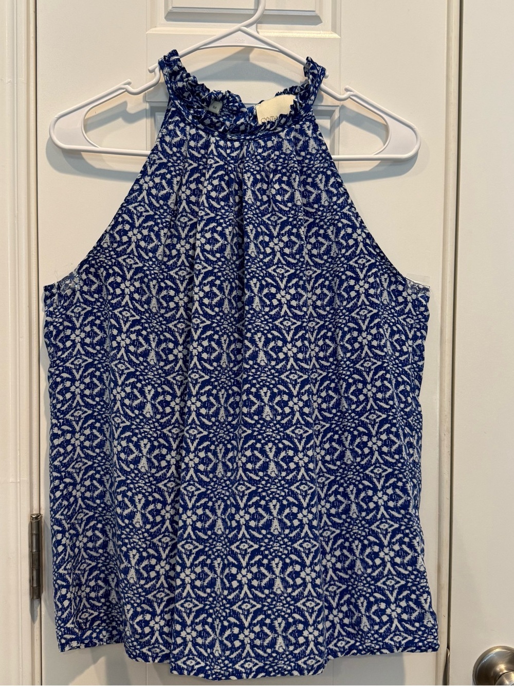 Cynthia Rowley Blue and White Halter Neck Silk Tank Top Medium